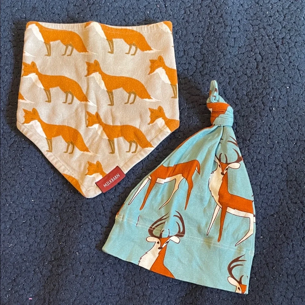 Milkbarn Orange and Blue Animal Print Bib and Hat Set